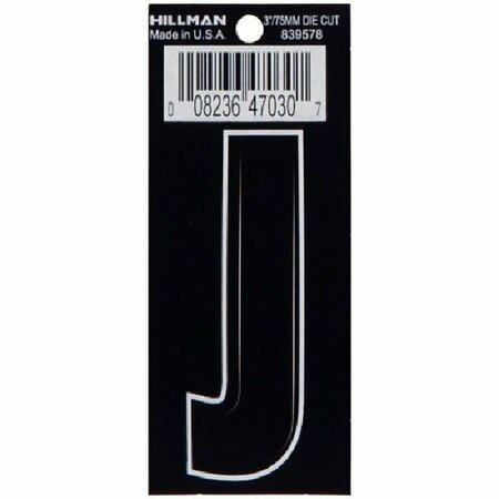 HILLMAN Letter, Character: J, 3 in H Character, Black/White Character, Black Background, Vinyl 839578